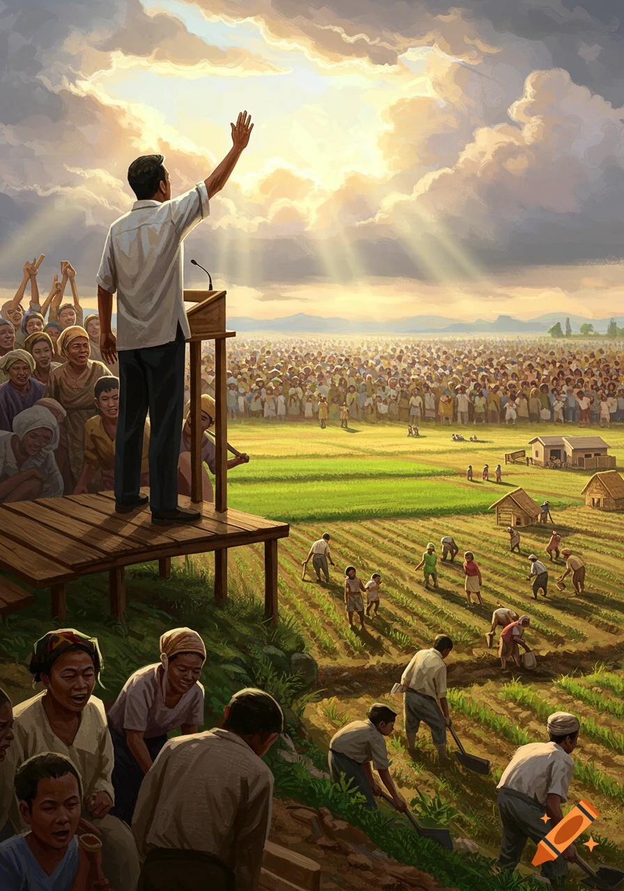 A leader speaks from a podium to a vast crowd, with people working in cultivated fields below, all under a sky filled with bright, sunlit clouds in an illustration.