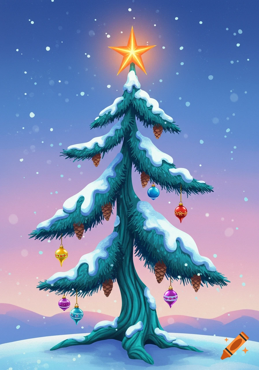 Stylized Christmas tree covered in snow, adorned with ornaments and a glowing star, against a snowy winter landscape.