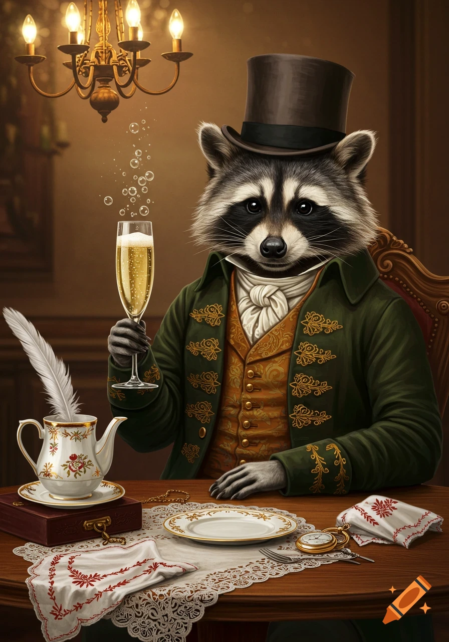 A dapper raccoon in an 1800s dandy outfit sips champagne at a fancy table with a quill teapot and chandelier in a detailed illustration.