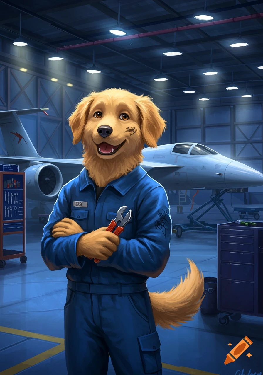 A cartoon golden retriever dog, dressed as an aviation technician in a blue jumpsuit, holds a wrench in an airplane hangar.