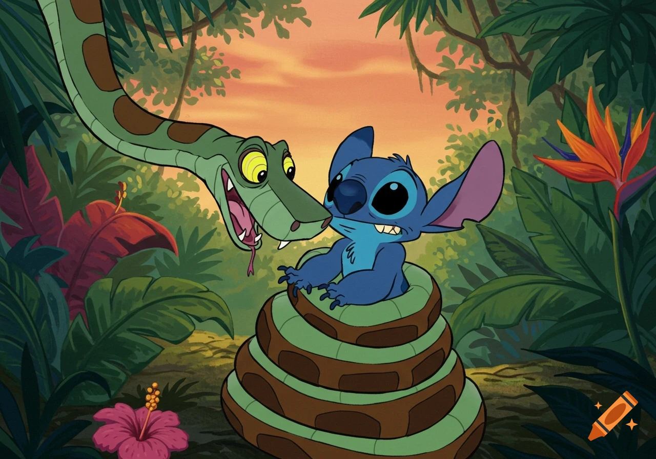 A cartoon green python, Kaa, coils around a wide-eyed blue alien Stitch in a lush jungle.