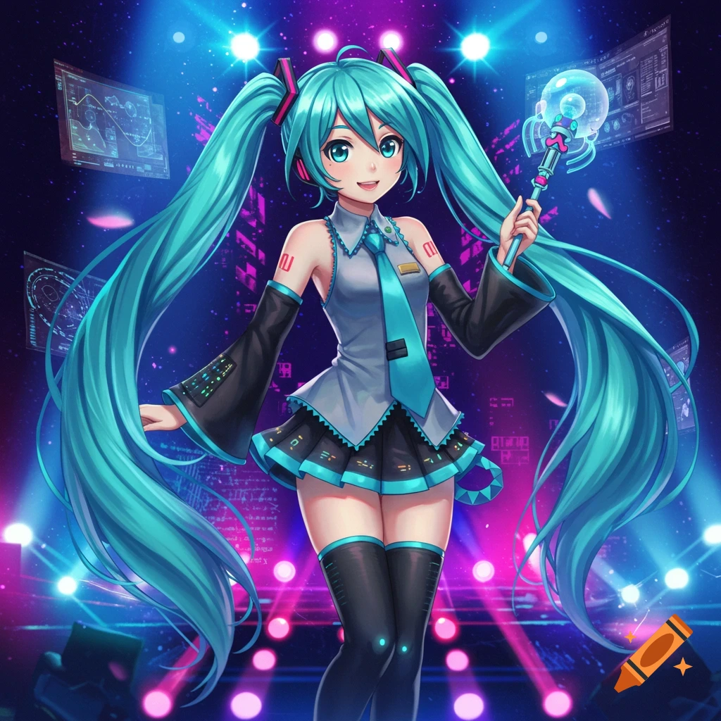 A vibrant anime illustration of Hatsune Miku on a stage, with glowing blue twin-tails and a light-up staff, surrounded by spotlights and screens.