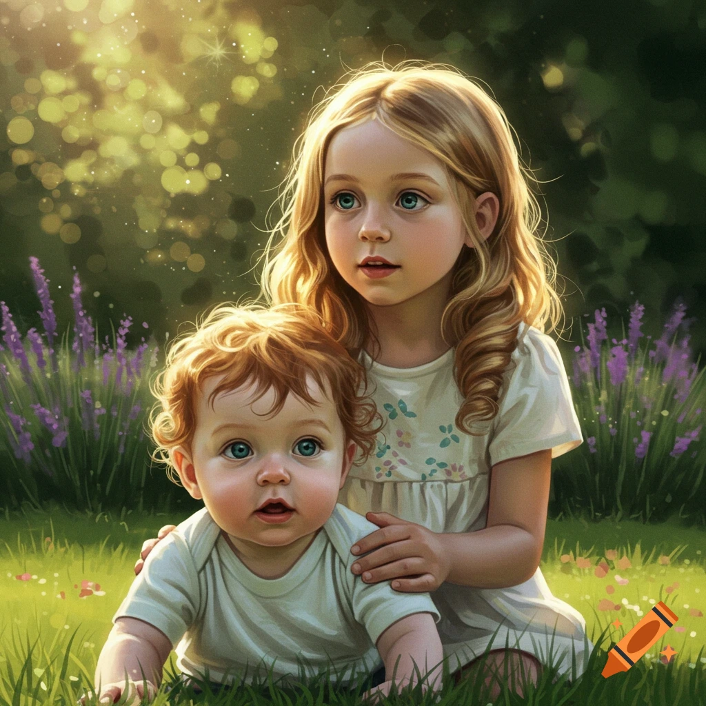 Illustrated image of a red-haired baby and a blonde girl sitting in a bright, grassy garden with purple flowers.