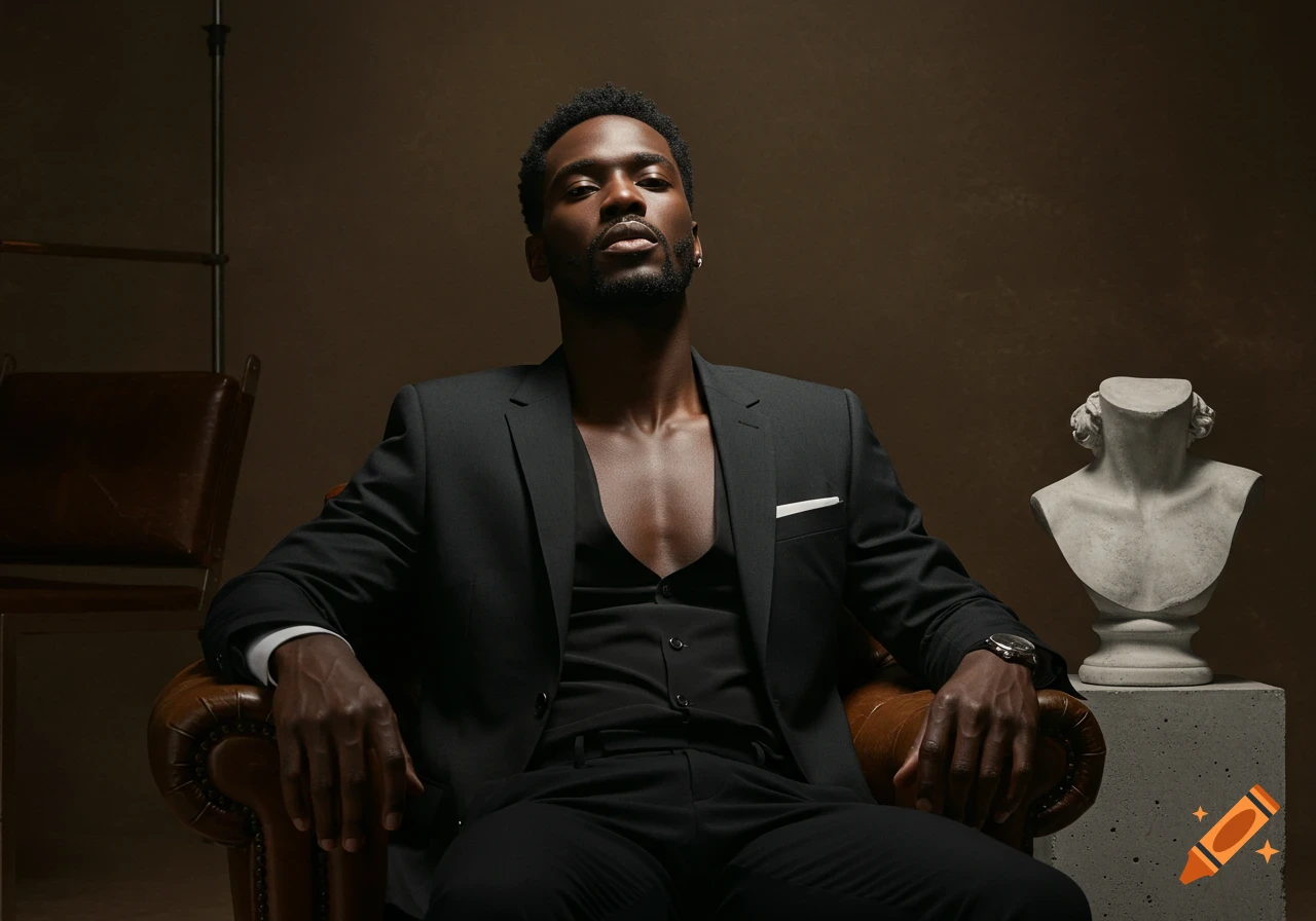 A man in a dark suit with an open jacket sits in a leather armchair, looking up, with a classical bust on a concrete block.