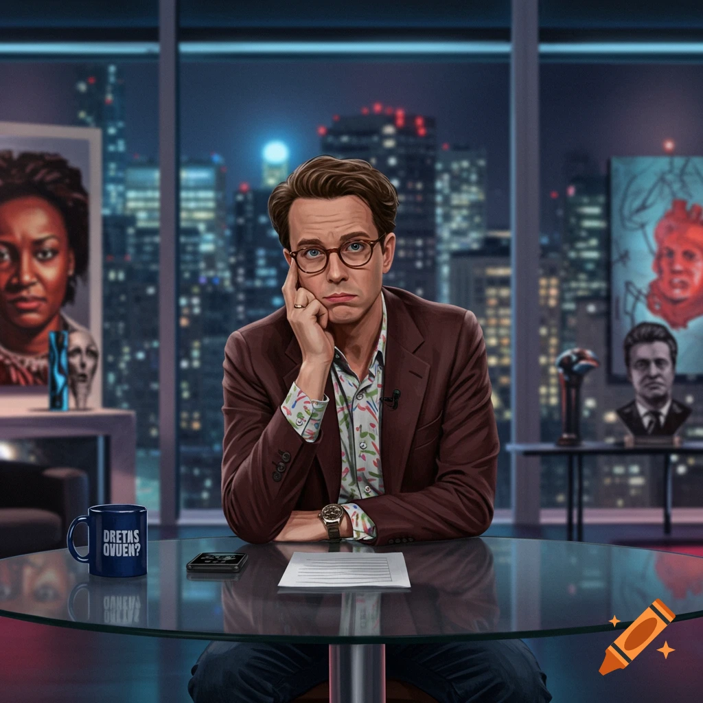 A confused man in glasses and a brown suit sits at a glass desk in a nighttime TV studio. Digital art.