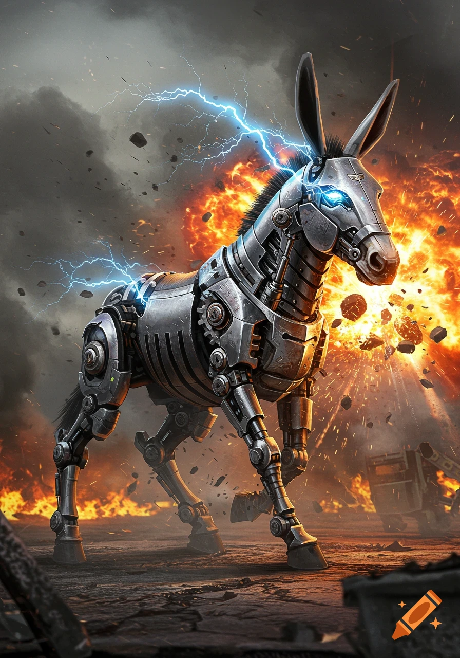 A detailed, photorealistic robotic mule stands amidst a fiery explosion with blue lightning bolts around its head and body.