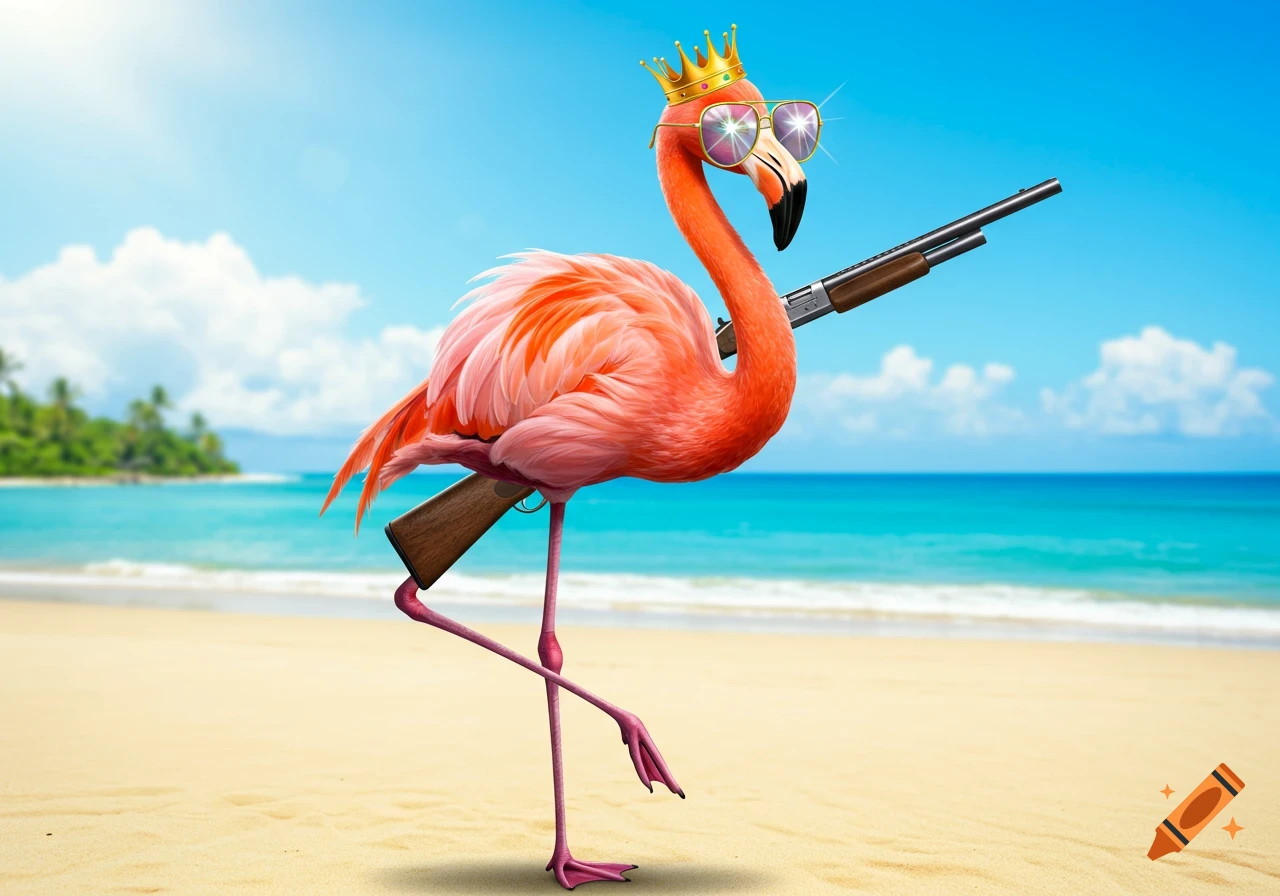 A flamingo with a gold crown and sparkly sunglasses stands on a sandy beach, holding a shotgun.