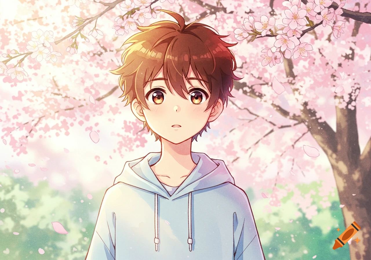 An anime boy with brown hair in a light blue hoodie stands amidst pink cherry blossoms in a spring setting.