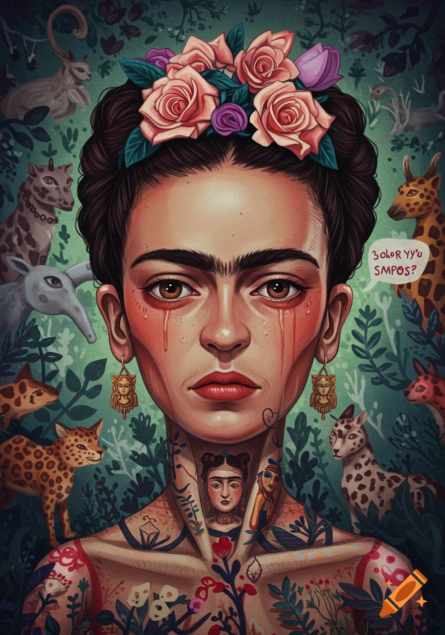 Stylized surrealist portrait resembling Frida Kahlo with tears, floral crown, and intricate tattoos, surrounded by jungle animals and foliage in a painterly style.