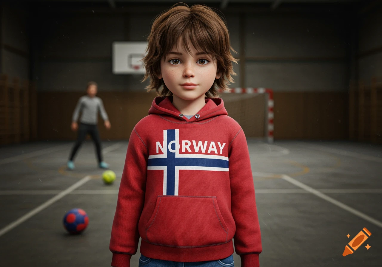 A 3D rendered boy with brown hair and freckles wears a red 'NORWAY' hoodie with a flag design, standing on an indoor sports court.
