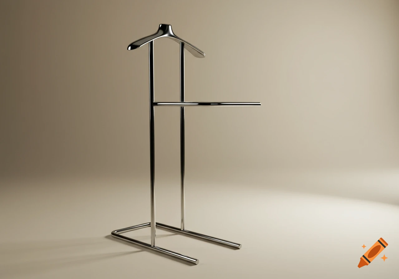 A minimalist chrome valet stand in Bauhaus style against a light brown background.