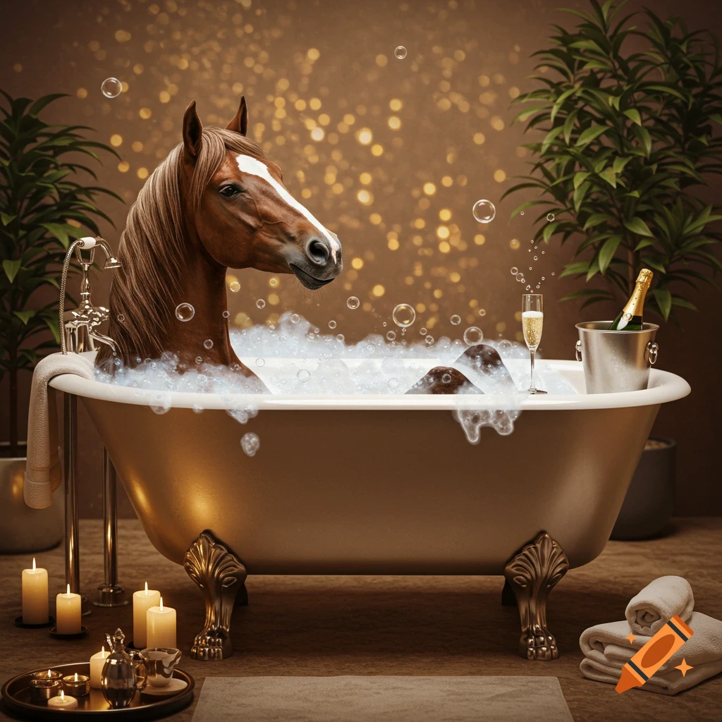 A photorealistic image of a horse relaxing in a bubble bath, surrounded by candles, plants, and champagne on ice.