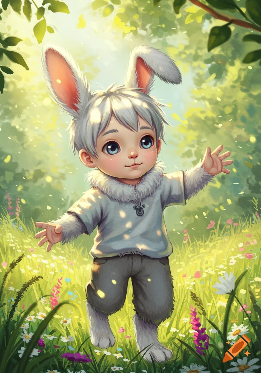 A cute, whimsical cartoon boy with white rabbit ears and fur stands with arms outstretched in a sunny, vibrant green meadow with colorful flowers.