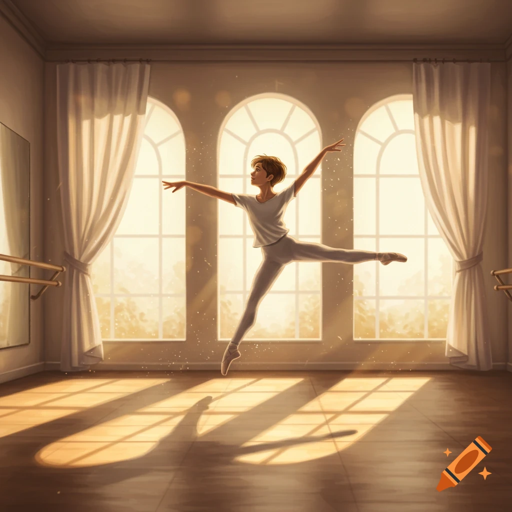A young dancer in white leaps gracefully in a sunlit ballet studio with arched windows, digital art.