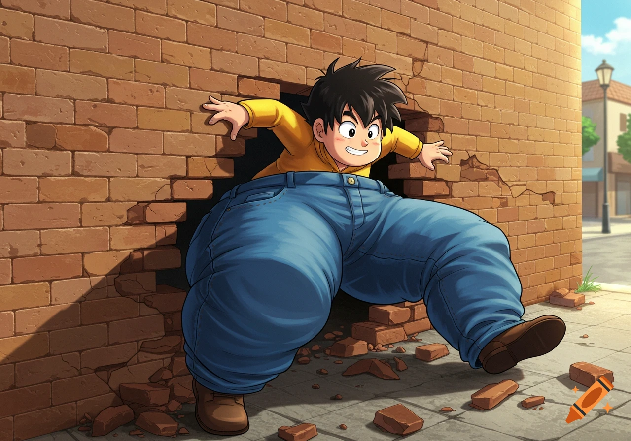 Anime character with large blue jeans stuck trying to crawl through a hole in a brick wall on a sunny street.