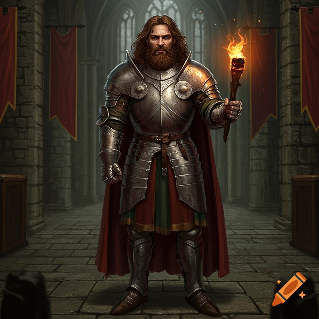 A full-plate armored knight with long brown hair and beard stands in a gothic castle, holding a flaming torch, detailed fantasy art.