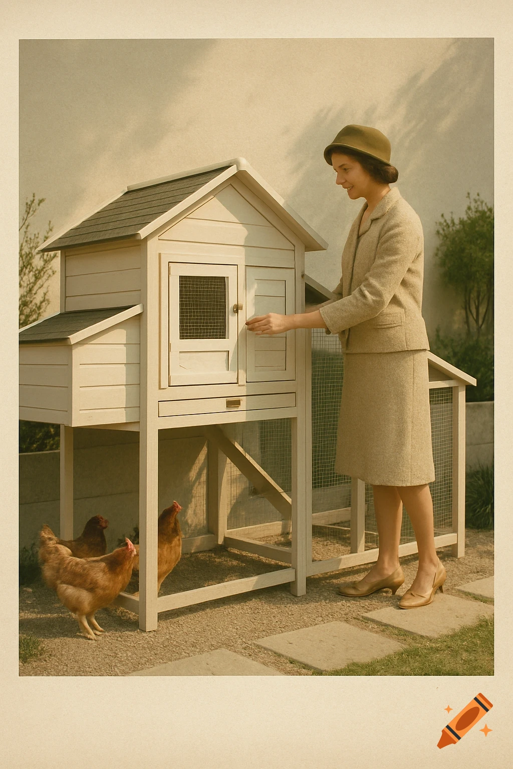 A woman in 1960s attire adjusts a modern chicken coop door while chickens stand below, in a sunlit minimalist garden. Vintage photograph style.