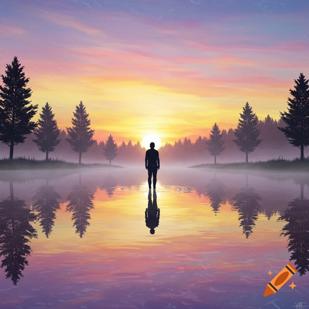 A lone human silhouette stands in a lake at sunset, surrounded by pine trees, with vibrant reflections on the water in a digital art style.