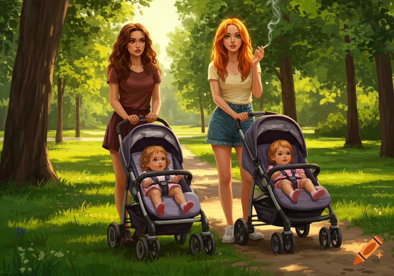 Two women, one with brown hair and one with red hair smoking, push babies in strollers through a sunny park in an illustration.