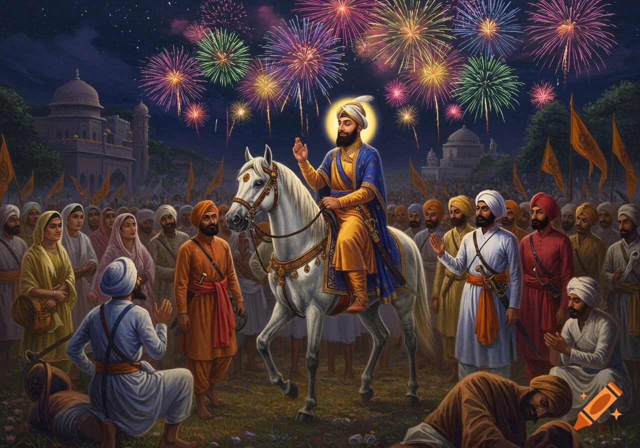 Vibrant painting of Guru Gobind Singh Ji on a white horse leading a procession, with a crowd and colorful fireworks at night.