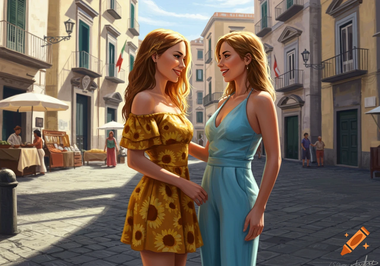 Two smiling women in a yellow sunflower dress and a blue jumpsuit stand in an illustrated European street scene, looking at each other.