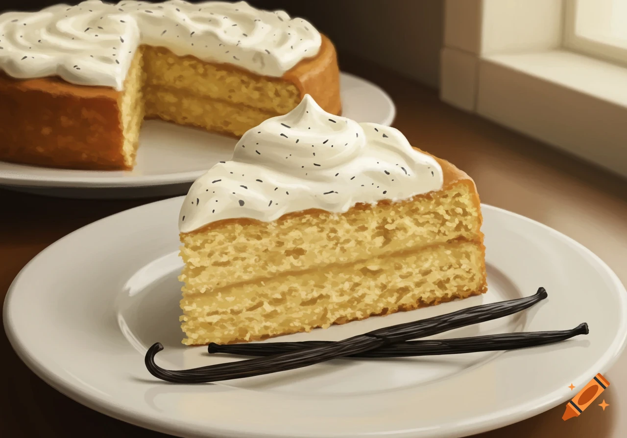 A slice of vanilla cake with cream and vanilla beans on a white plate, with a larger cake in the background. The style is illustrative.