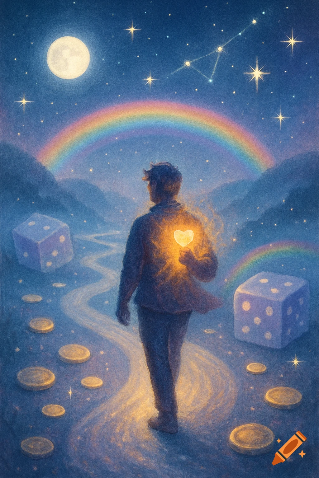A person walks on a glowing path under a starry night sky with a full moon and a rainbow, holding a glowing heart, surrounded by large dice and coins.