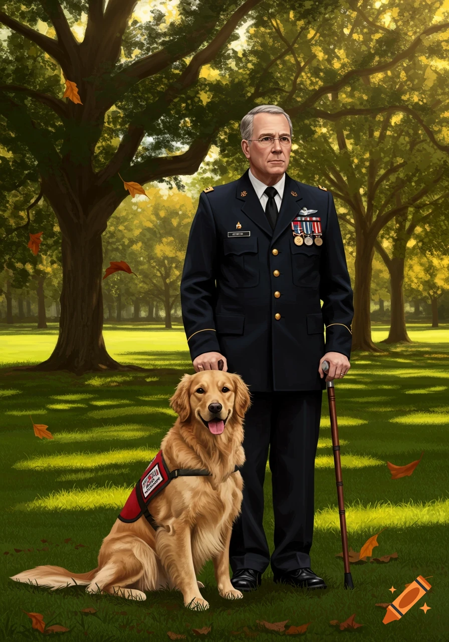 A man in a military uniform stands with a cane, petting a golden retriever service dog in a park with trees and fallen leaves.