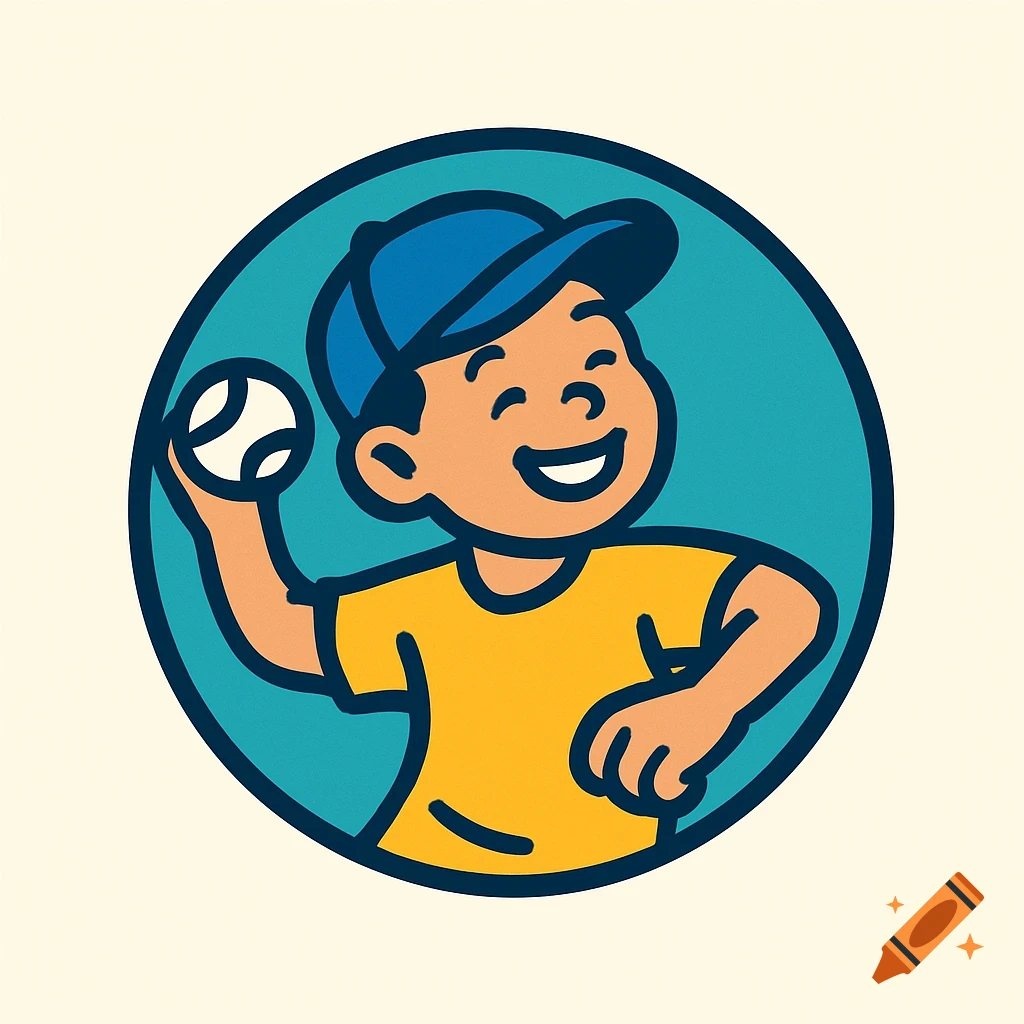 A cartoon boy in a yellow shirt and blue baseball cap smiles and throws a baseball, set within a blue circle. Flat illustration style.