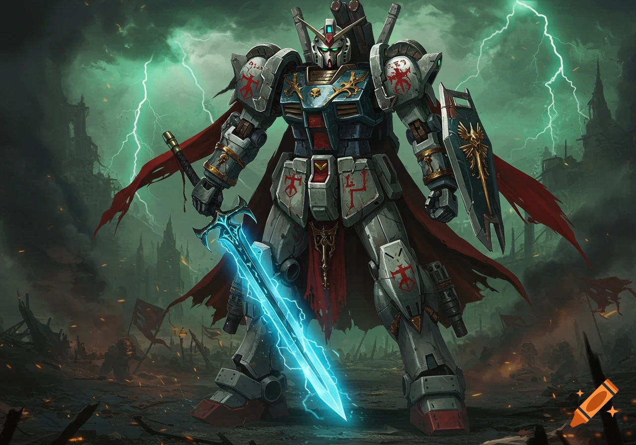 Heavily armored Gundam-style robot with a red cape and glowing blue sword in a ruined, stormy, Warhammer 40k-inspired landscape.