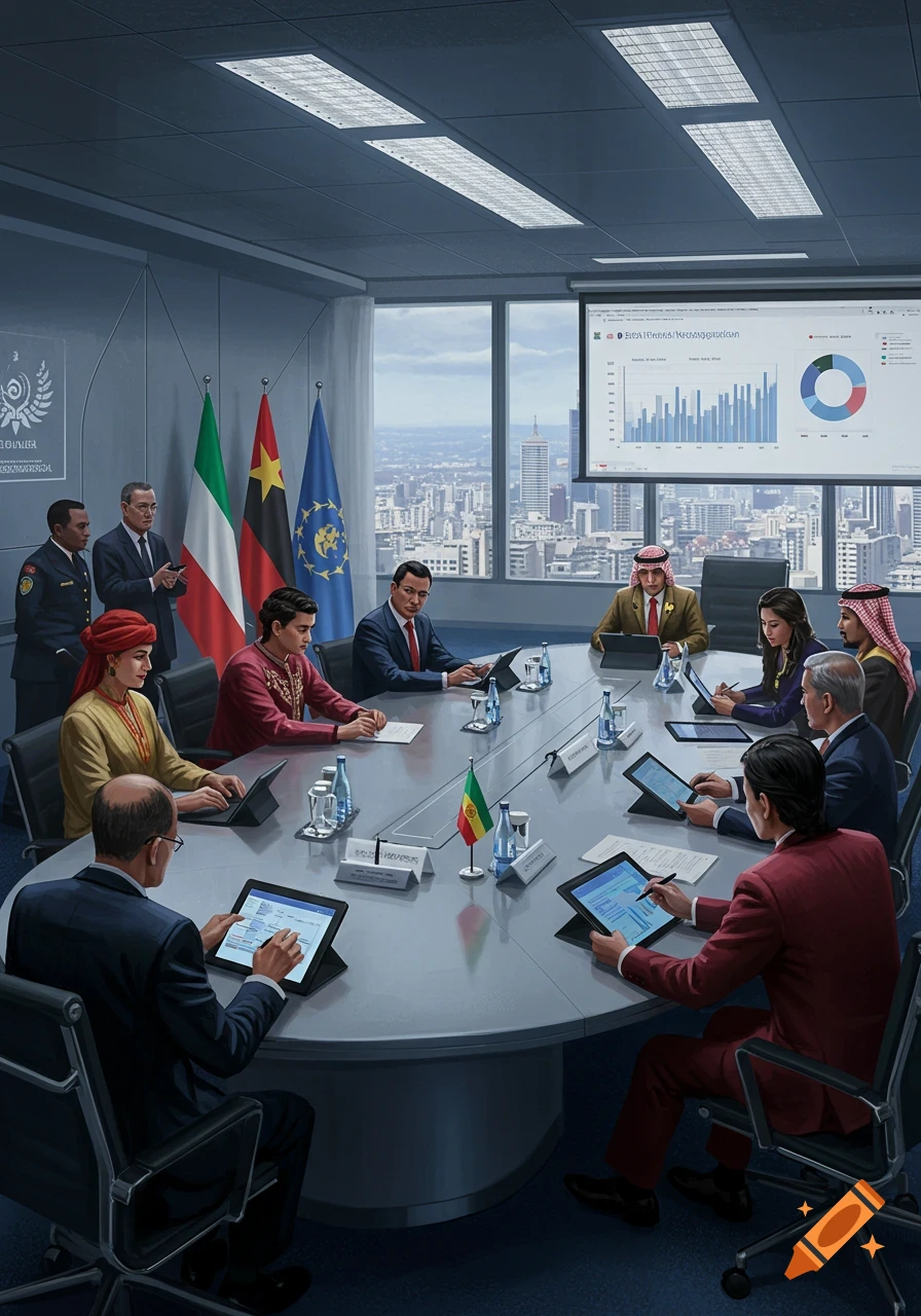 Diverse group of professionals from various countries holding a meeting in a modern conference room overlooking a city, with charts on a screen.