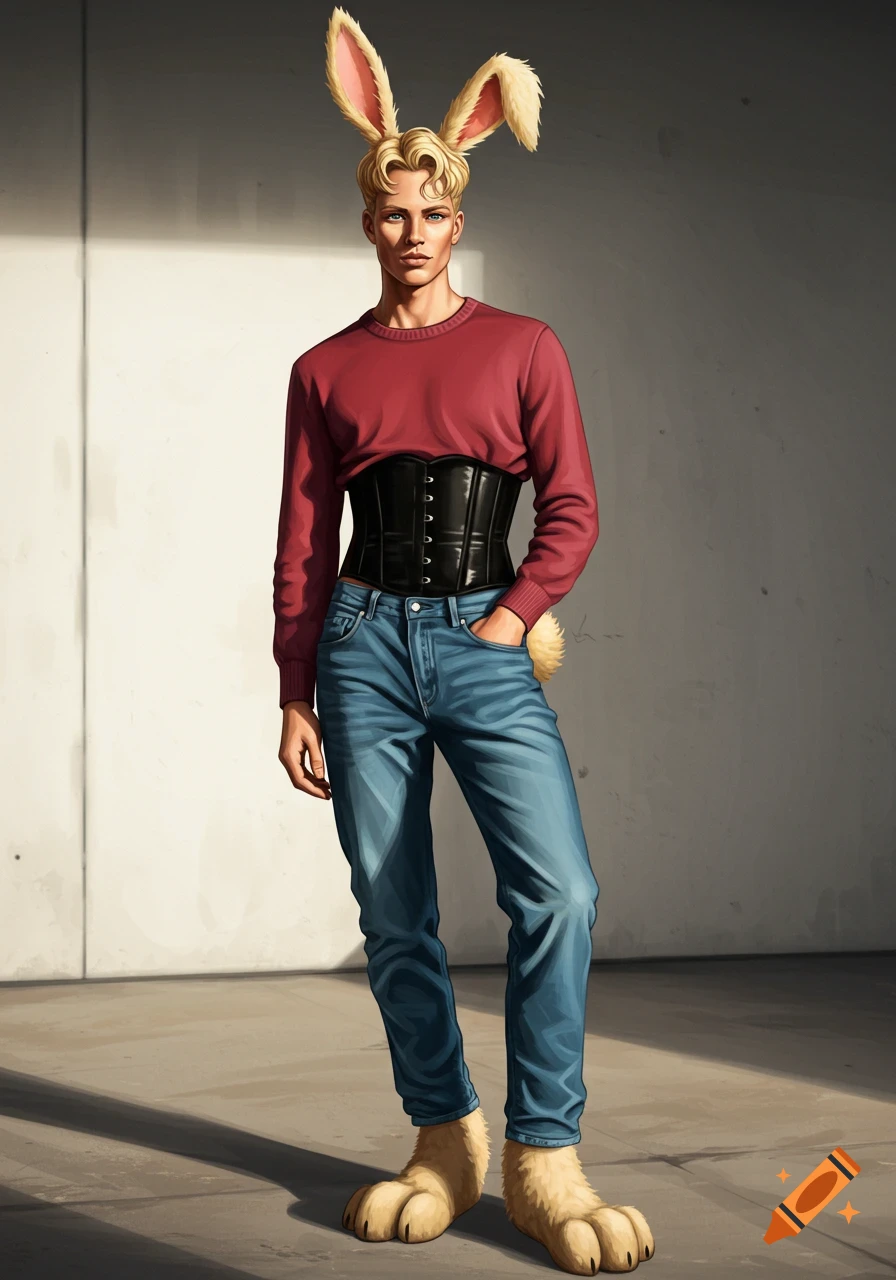 Illustrated man with blonde rabbit ears, tail, and feet, wearing a red long-sleeved shirt, black corset, and blue jeans, standing indoors.
