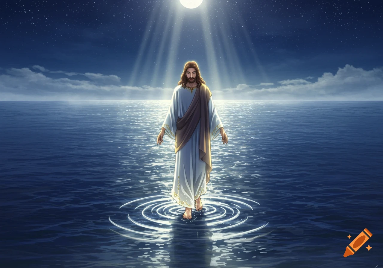 Anime style illustration of Jesus Christ walking on calm water under a full moon and starry night sky, with divine light rays illuminating him.