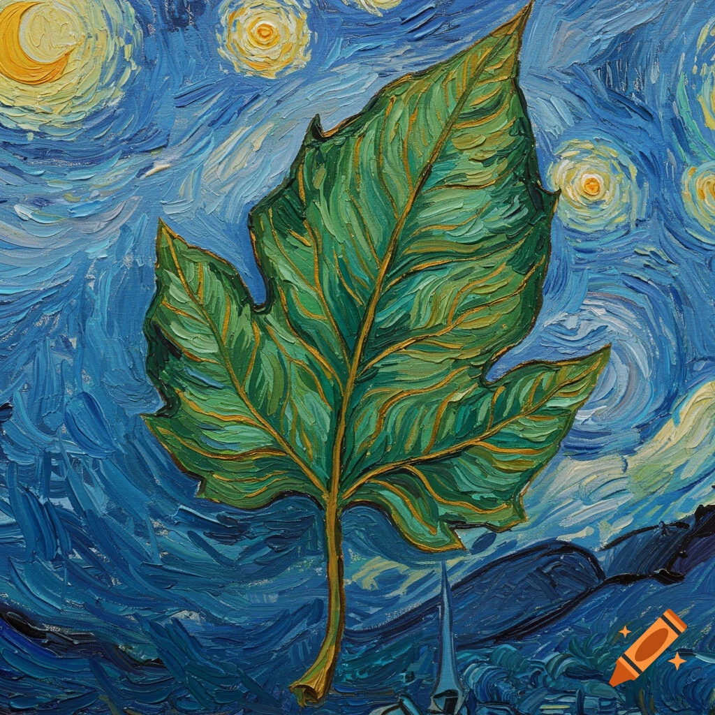 A vibrant green leaf rendered in Van Gogh's impasto style, set against a swirling blue starry night sky with a crescent moon.
