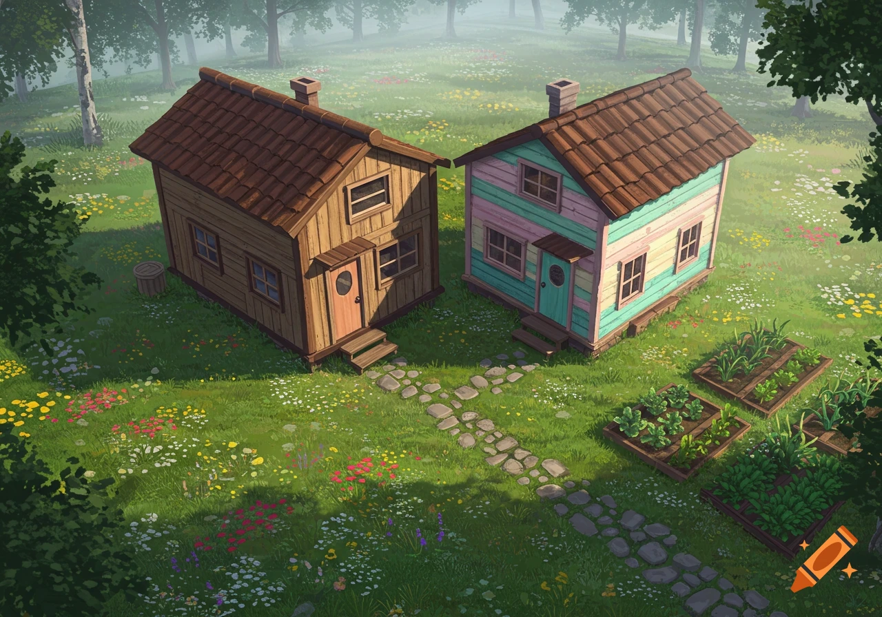 Two stylized houses, one wooden and one pastel striped, in a meadow with wildflowers and trees. A stone path connects them, with garden beds nearby.