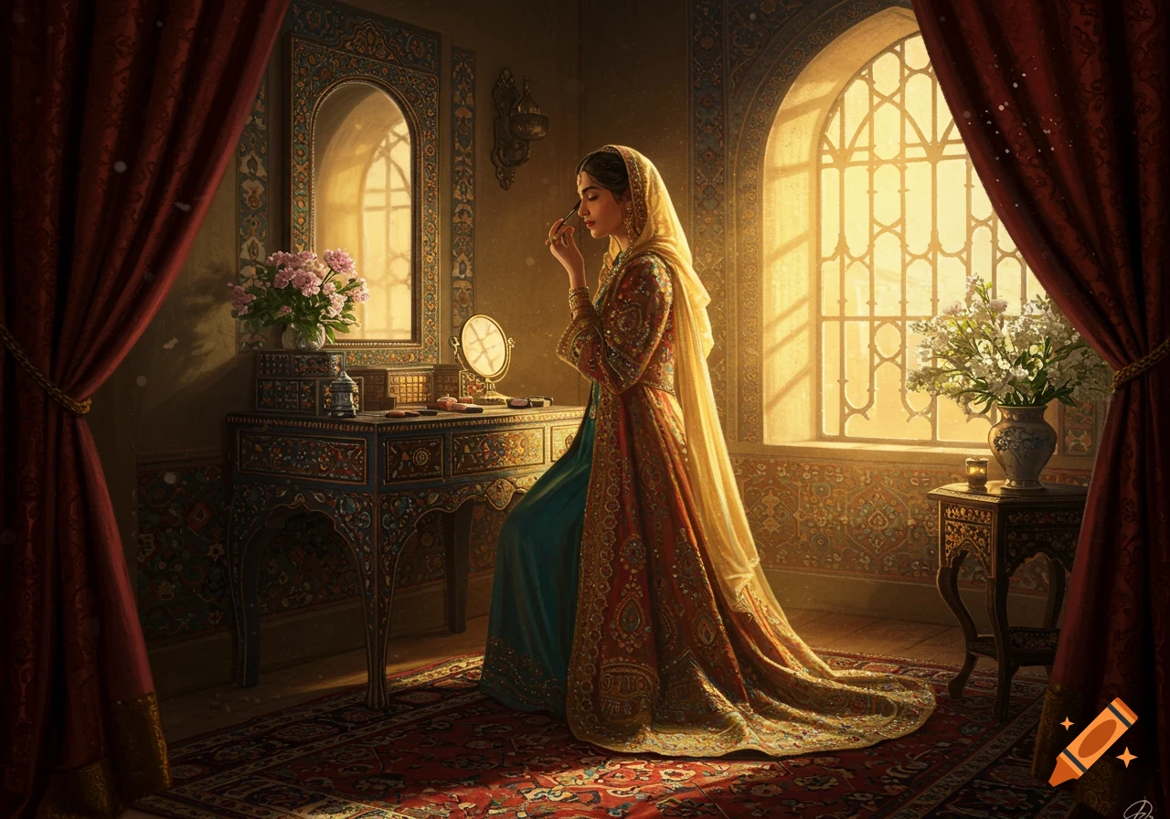 A woman in intricate traditional attire applies makeup at a richly decorated vanity table in a room with a large arched window, bathed in golden light.