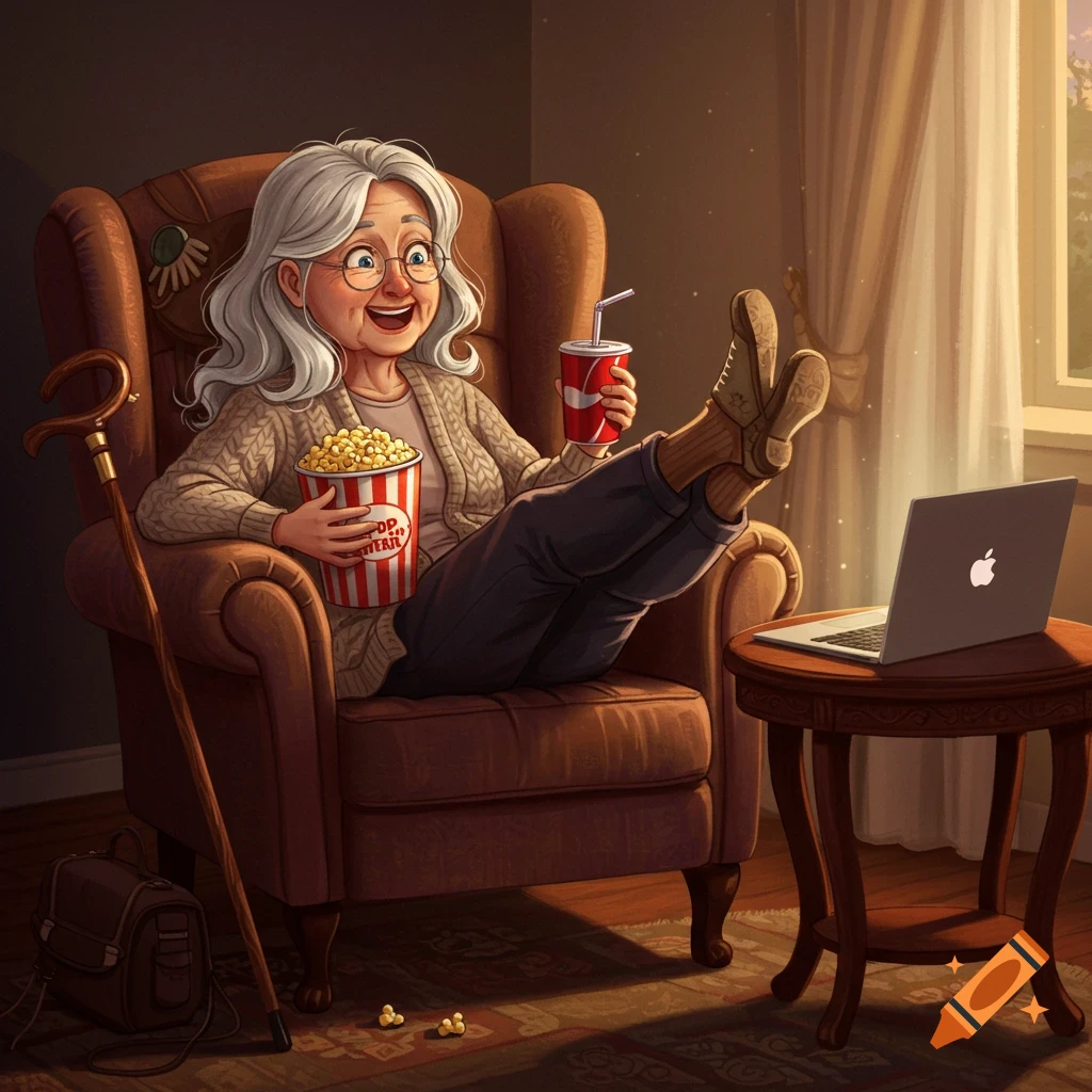 A happy elderly woman in an armchair, watching a laptop with feet up, holding popcorn and a soda cup, cartoon style.