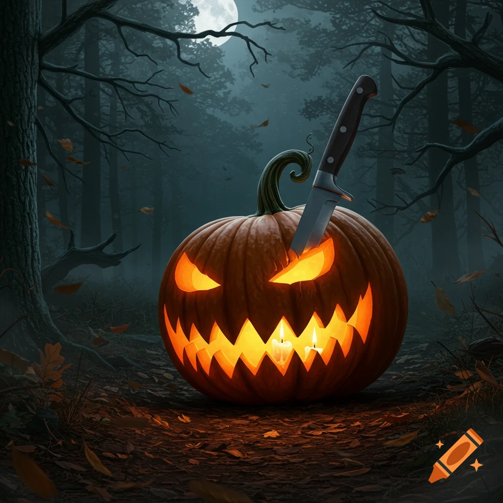 A glowing jack-o'-lantern with a knife stuck in its top sits in a dark, spooky forest under a full moon.