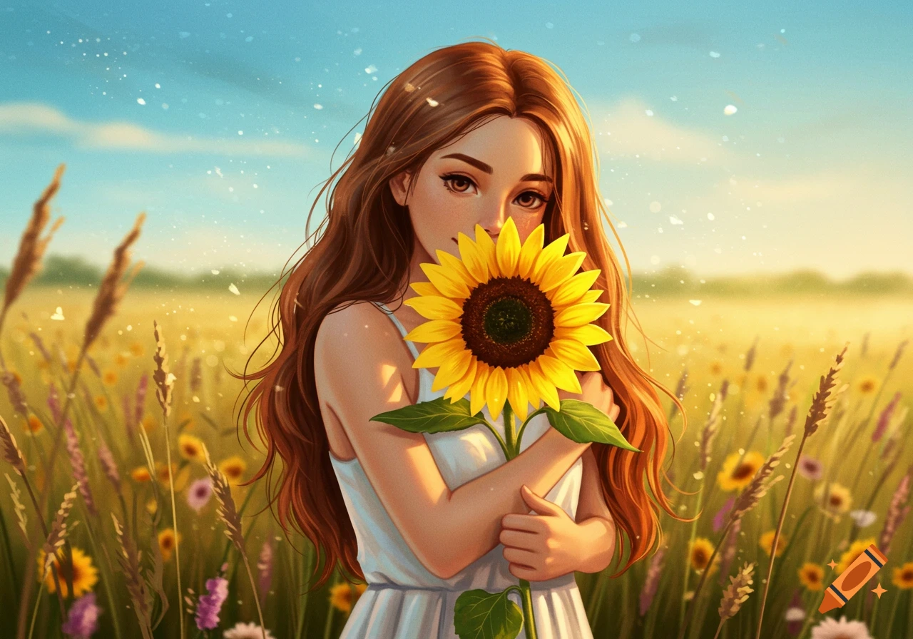 A digital illustration of a girl with long brown hair holding a large sunflower in a sunny field.