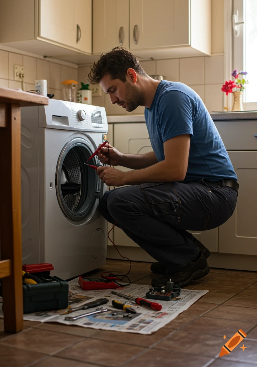 A male repairman squats in a kitchen, intently examining a washing machine with a multimeter. Tools are spread on a newspaper.