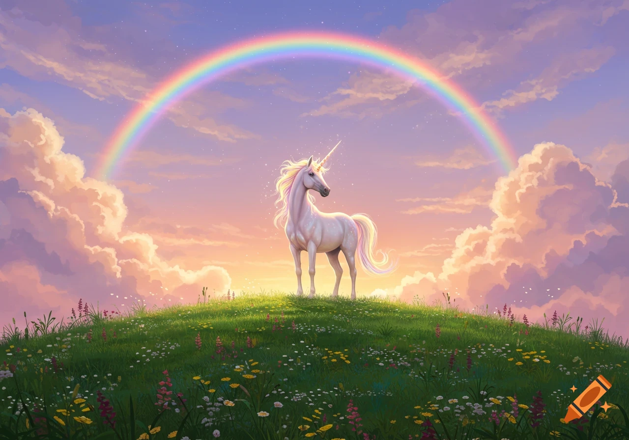 A majestic white unicorn with a flowing mane stands on a grassy hill under a vibrant rainbow and a cloudy, pastel sunset sky.