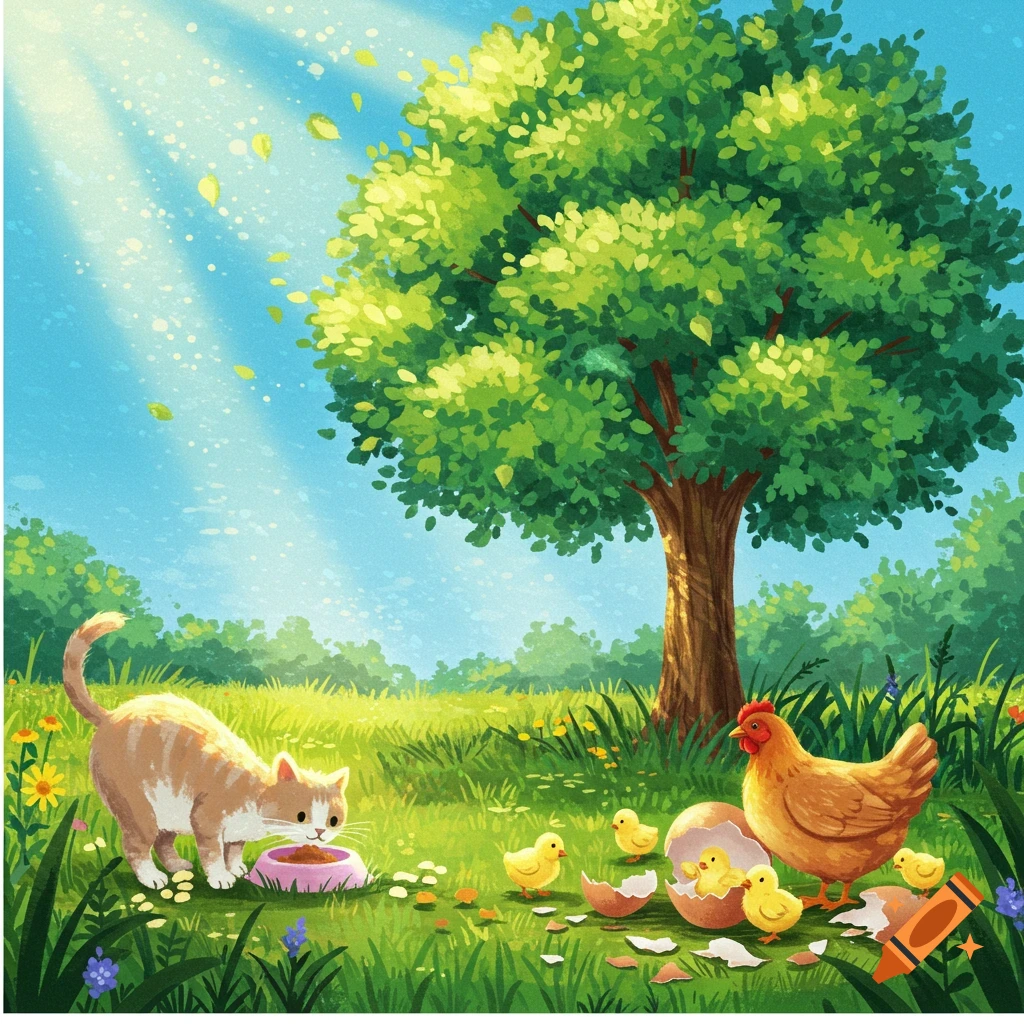 A colorful illustration of a cat eating from a bowl, a hen with chicks hatching from eggs, and a large green tree in a sunny field.