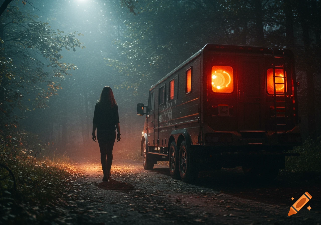 A woman walks on a dark, misty forest road towards a truck with glowing red windows, lit by a bright overhead light.