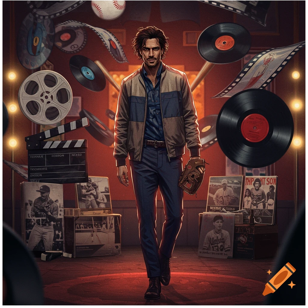 A man stands amidst floating baseball, film reels, clapperboards, and vinyl records, in a dark, spotlighted room.