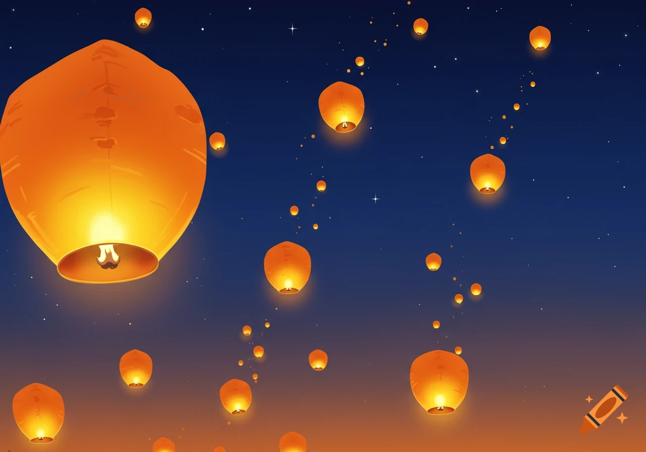Bright orange-yellow sky lanterns float against a dark blue and orange gradient night sky filled with tiny stars, illustration.