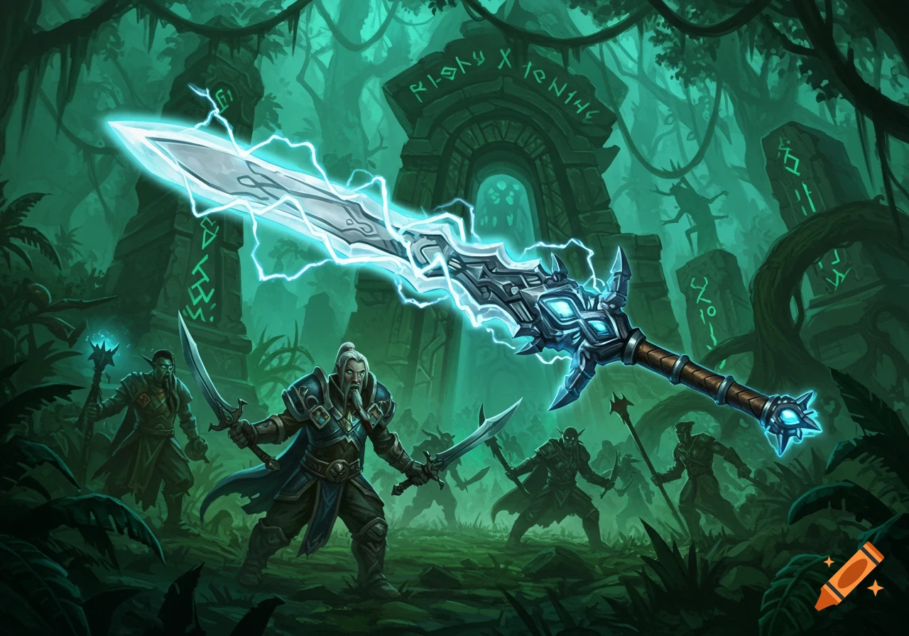 An epic fantasy illustration features a glowing blue, ornate sword above warriors in a dark, overgrown jungle with ancient stone ruins.