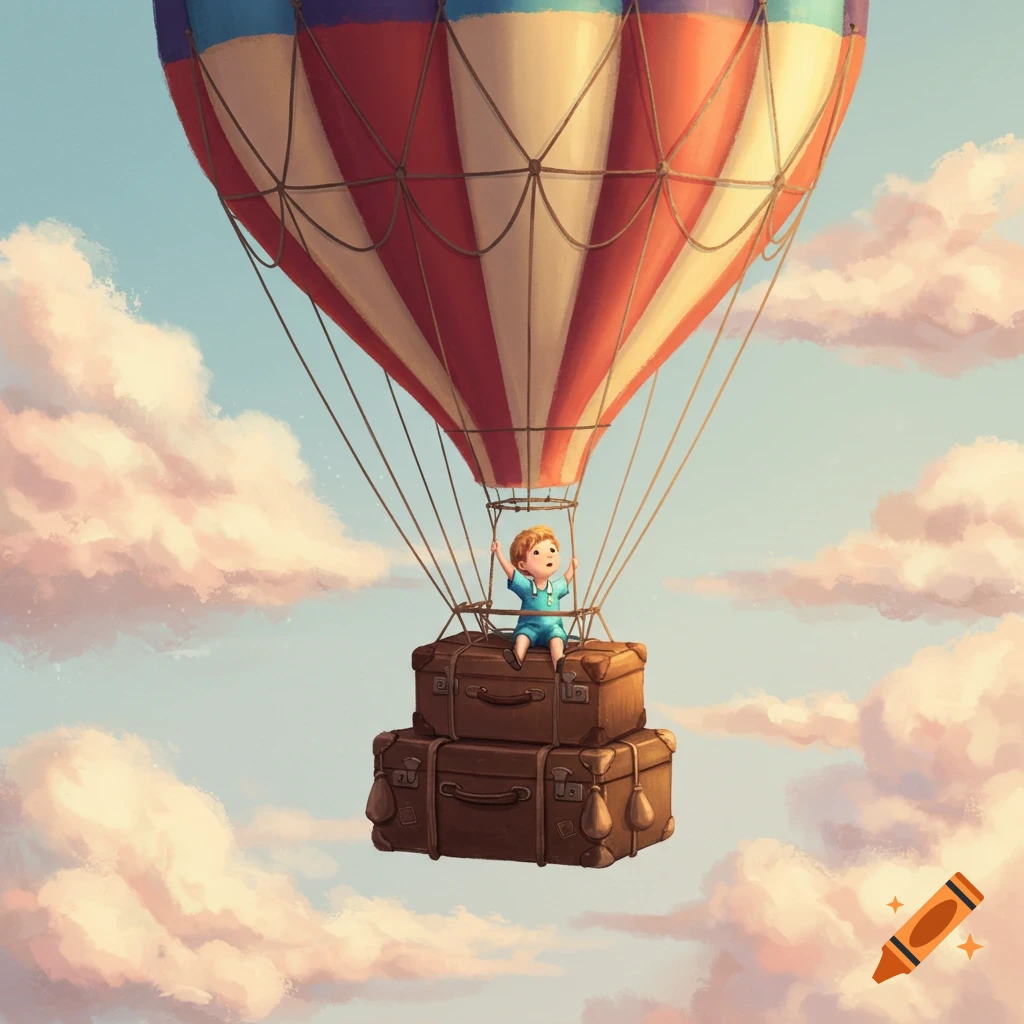 A whimsical illustration of a baby sitting on stacked suitcases, suspended beneath a colorful hot air balloon flying through a cloudy blue sky.