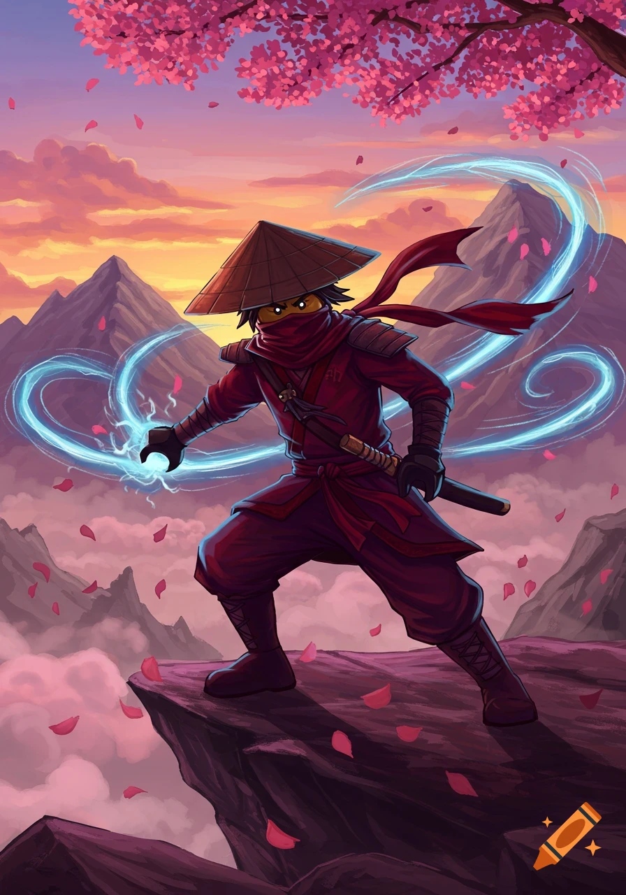 A stylized red ninja with glowing eyes and a straw hat stands on a cliff, casting blue energy, under a cherry blossom tree at sunset.