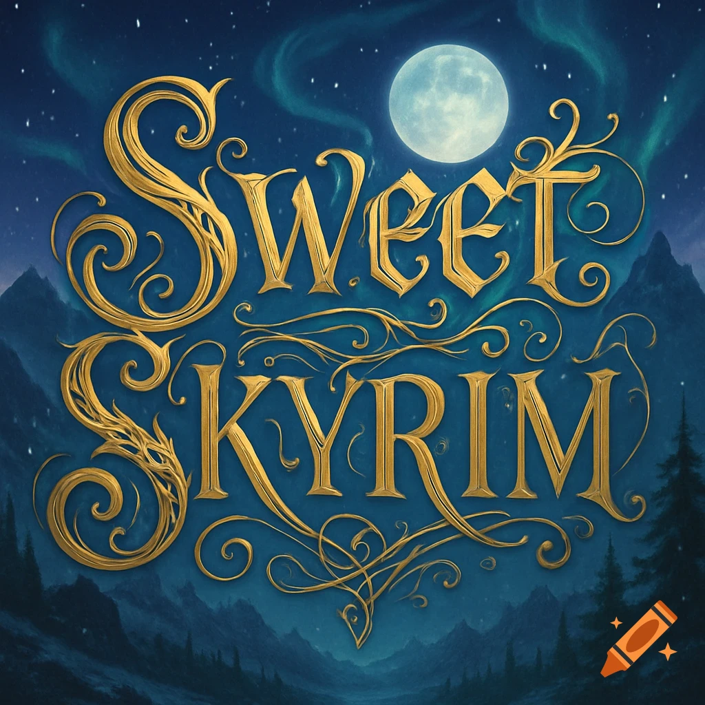 Ornate golden text 'Sweet Skyrim' against a dark blue night sky with a full moon, mountains, and aurora borealis.