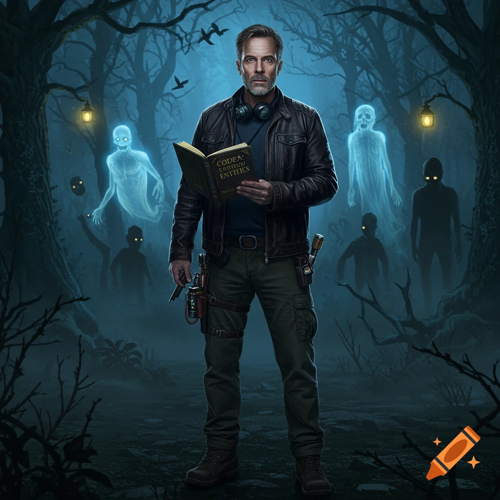 A man in a leather jacket and headphones holds an open book in a dark, misty forest surrounded by glowing blue ghosts and shadowy figures.